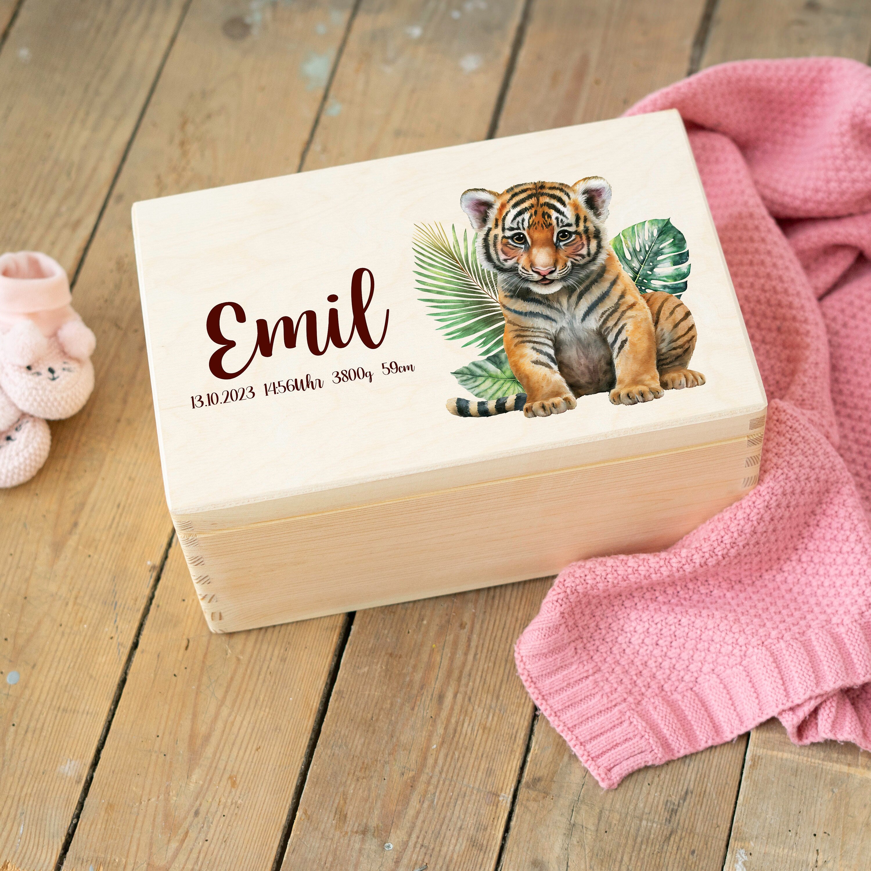 Personalisierte Erinnerungskiste für Babys Tiger - Taufgeschenk Geburtsgeschenk Weihnachtsgeschenk für Kinder Holzkiste Baby Geschenk