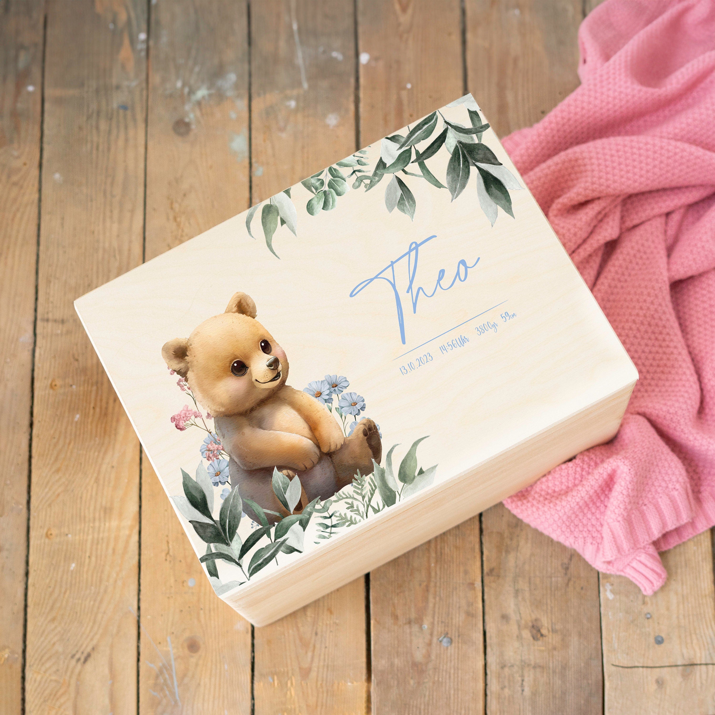 Personalisierte Erinnerungskiste für Kinder mit Bär - Taufgeschenk Geburtsgeschenk Weihnachtsgeschenk für Kinder Holzkiste Baby Geschenk