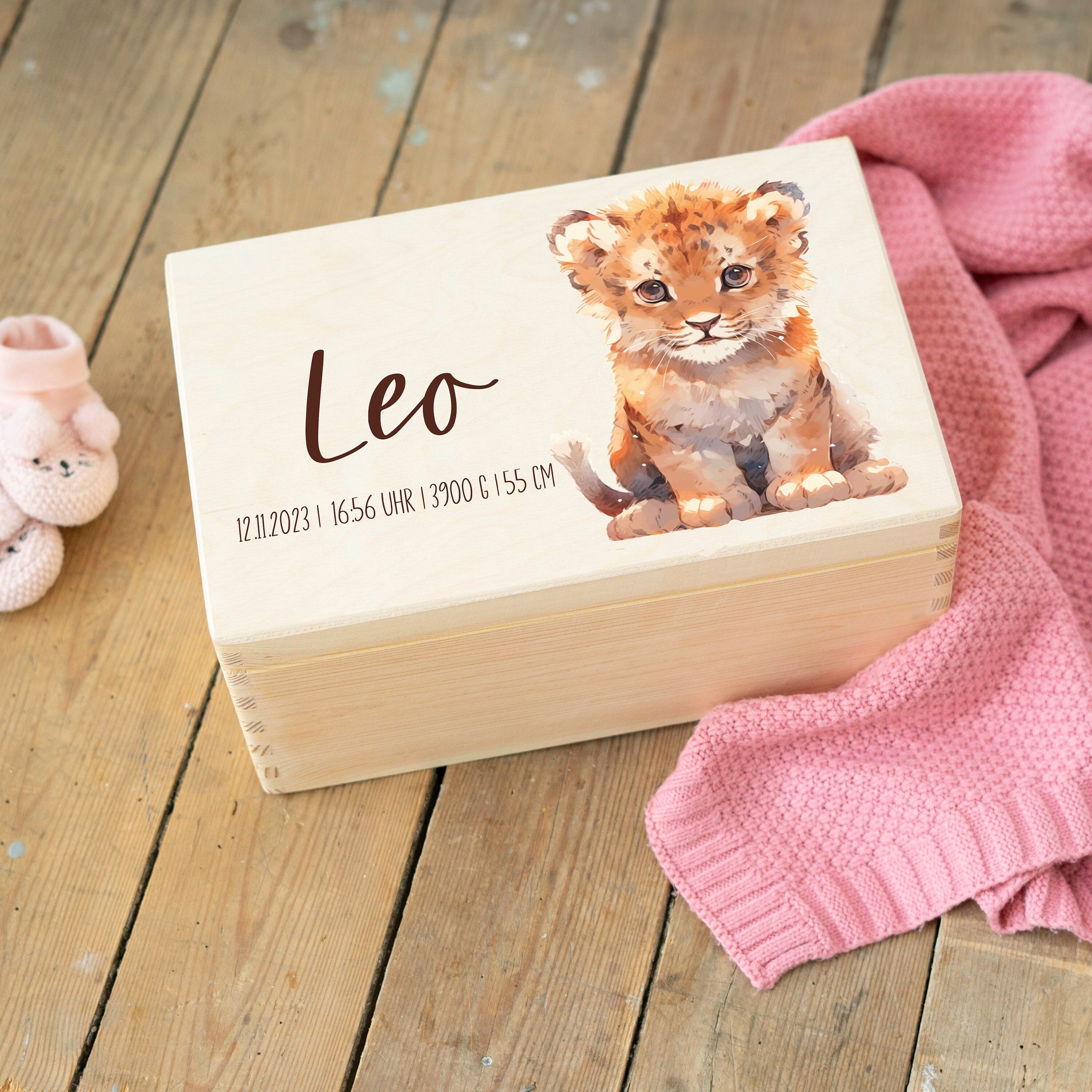 Personalisierte Erinnerungskiste für Babys Löwe - Taufgeschenk Geburtsgeschenk Weihnachtsgeschenk für Kinder Holzkiste Baby Geschenk