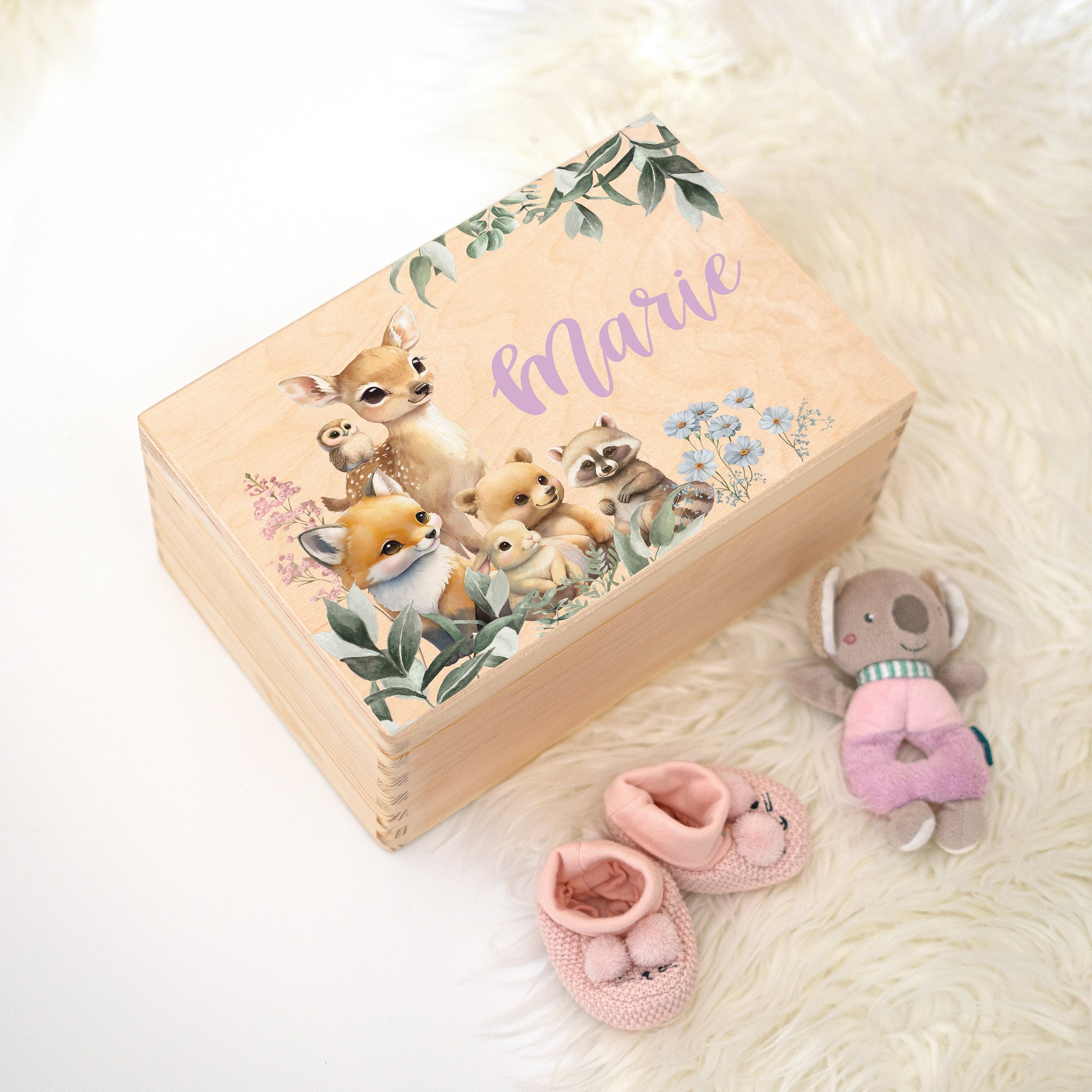 Personalisierte Erinnerungskiste für Kinder mit Rehlein - Taufgeschenk Geburtsgeschenk Weihnachtsgeschenk für Kinder Holzkiste Baby Geschenk