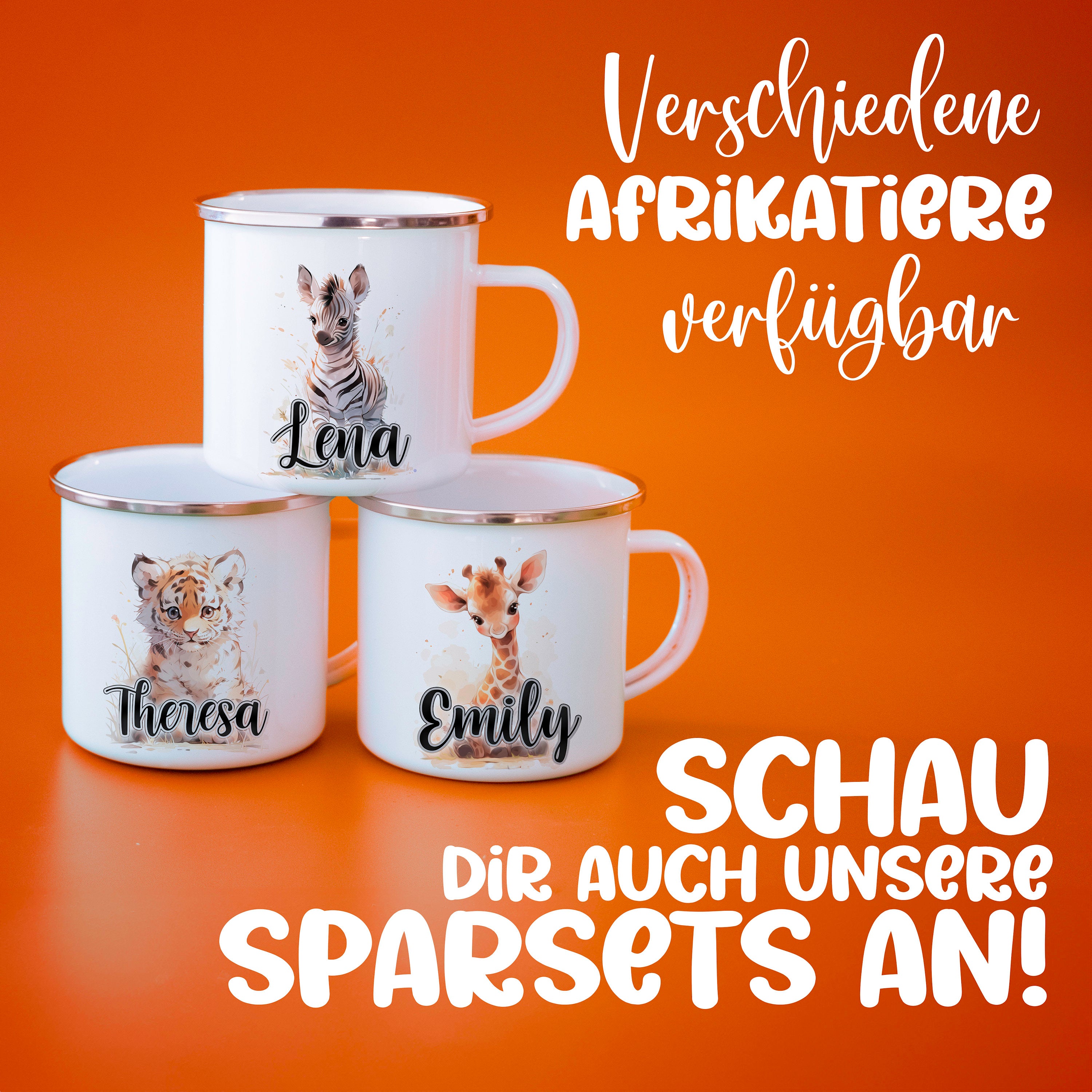 Emaille Tasse personalisiert, Personalisierte Tasse, Kindertasse, Becher personalisiert mit wahlweise Giraffe , Löwe, Tiger, Zebra