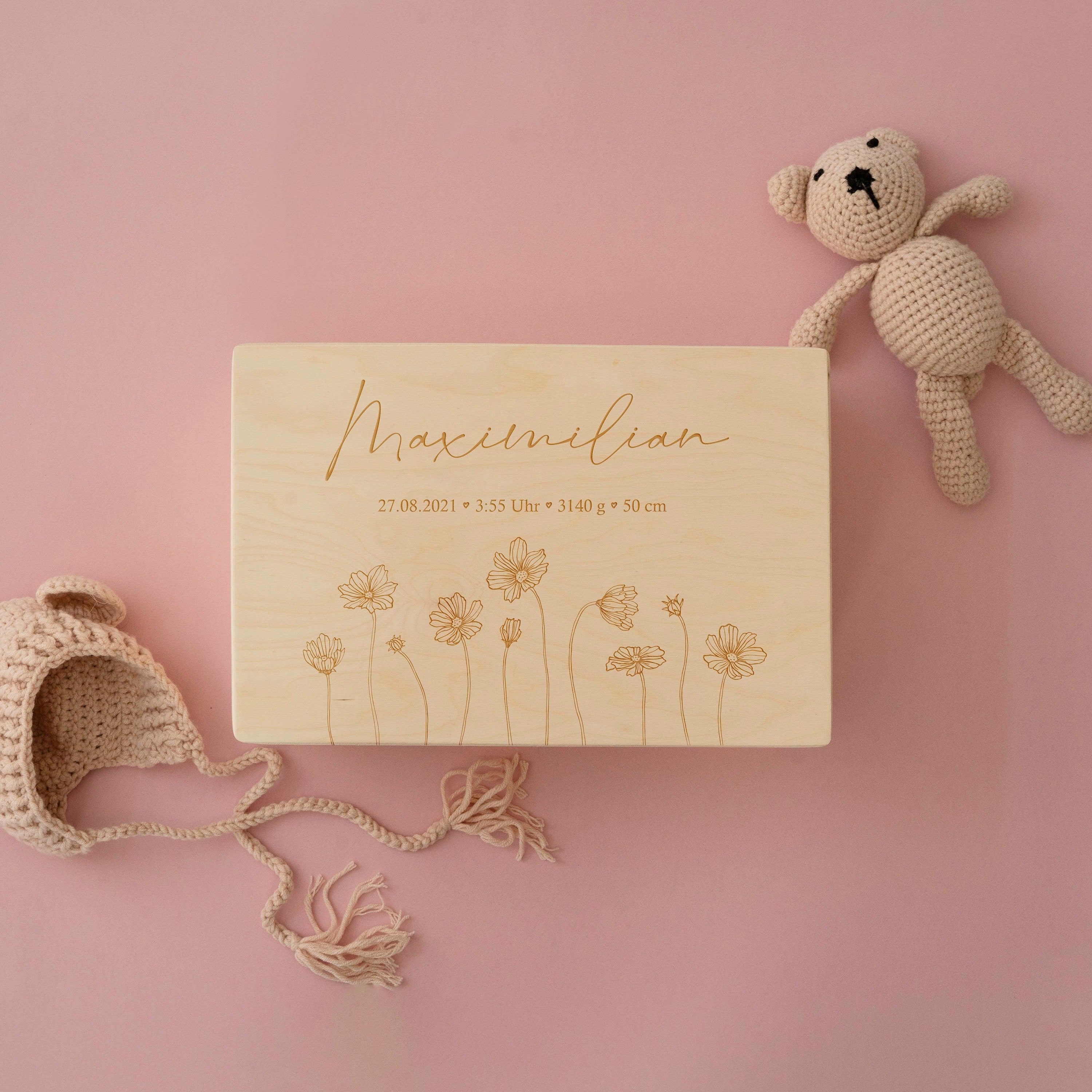 Personalisierte Erinnerungskiste für Babys mit Blumen - Taufgeschenk Geburtsgeschenk Weihnachtsgeschenk für Kinder Holzkiste