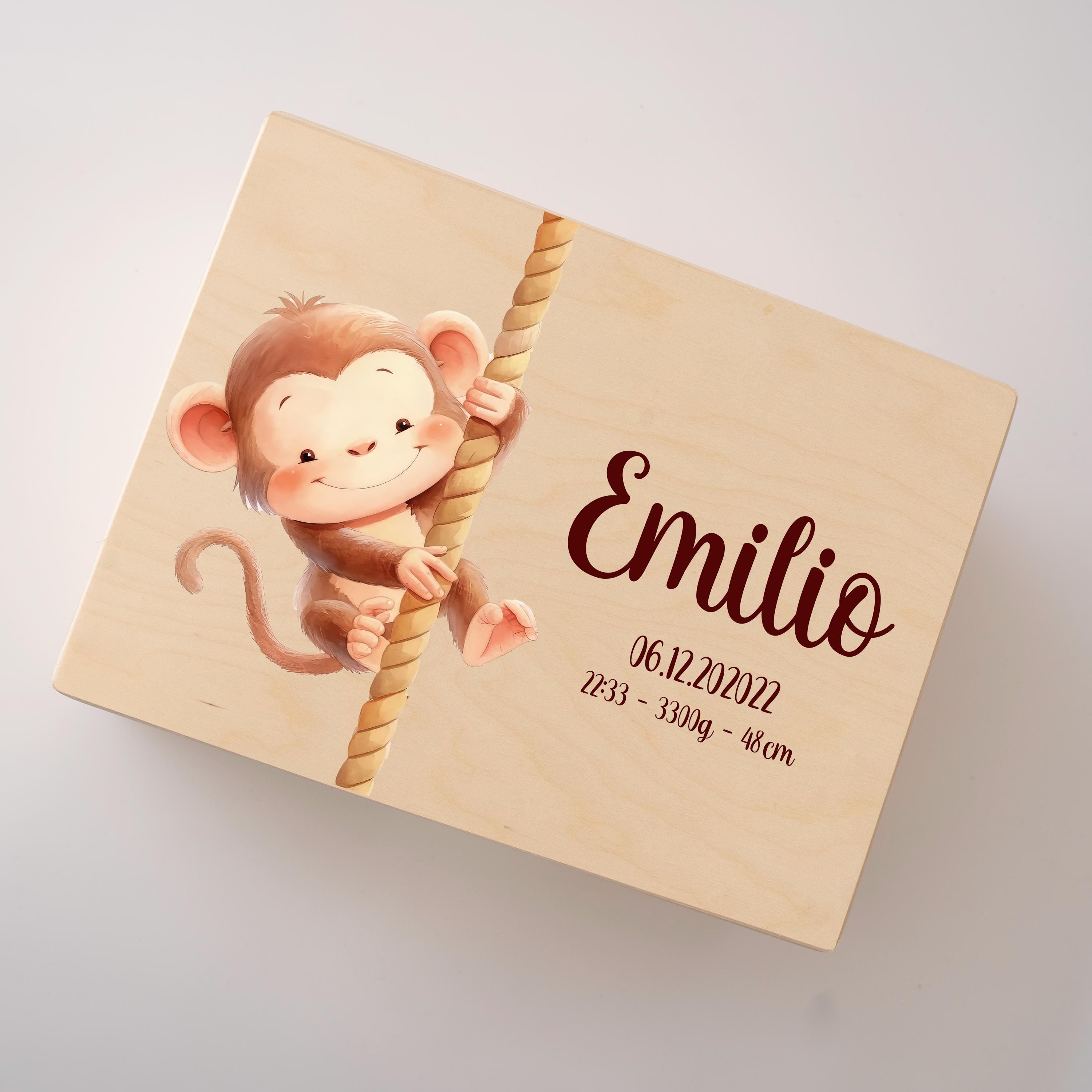 Erinnerungskiste Baby Affe, Erinnerungskiste, Erinnerungskiste Kinder, Babygeschenke, Holzkiste personalisiert, Baby Erinnerungsbox