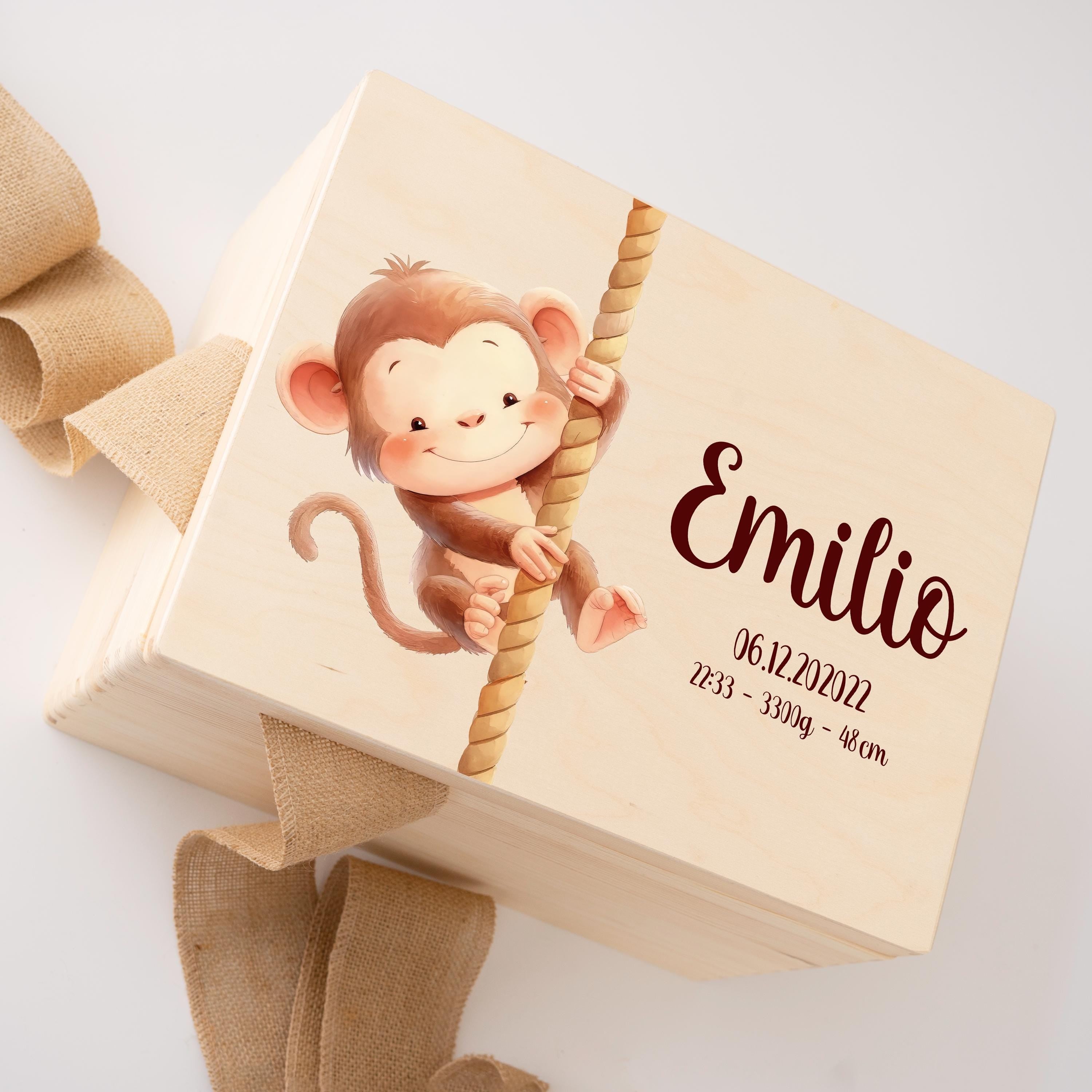 Erinnerungskiste Baby Affe, Erinnerungskiste, Erinnerungskiste Kinder, Babygeschenke, Holzkiste personalisiert, Baby Erinnerungsbox